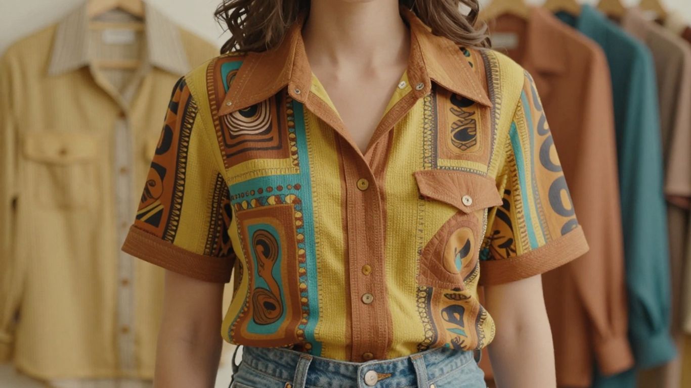 Woman wearing retro groovy 70s vibe shirts