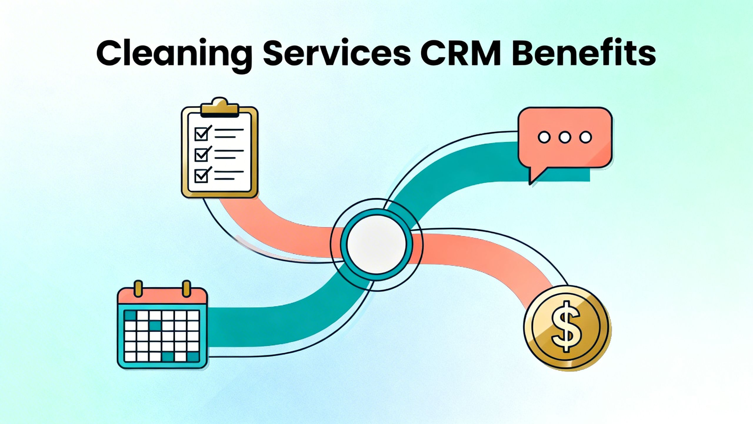 An abstract illustration showing icons for tasks, calendars, messages, and money flowing into a central hub, representing the benefits of a cleaning services crm.