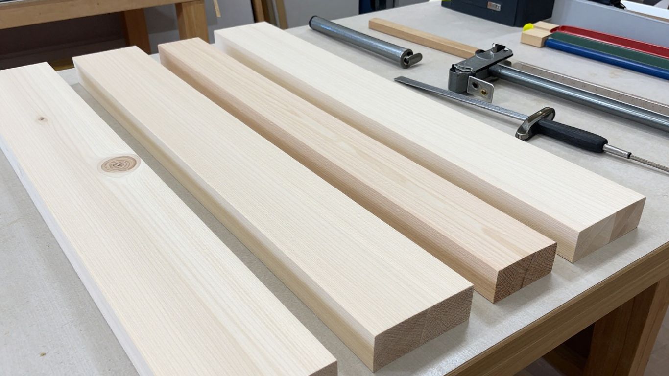 Dry maple boards and end grain blocks arranged on a workbench