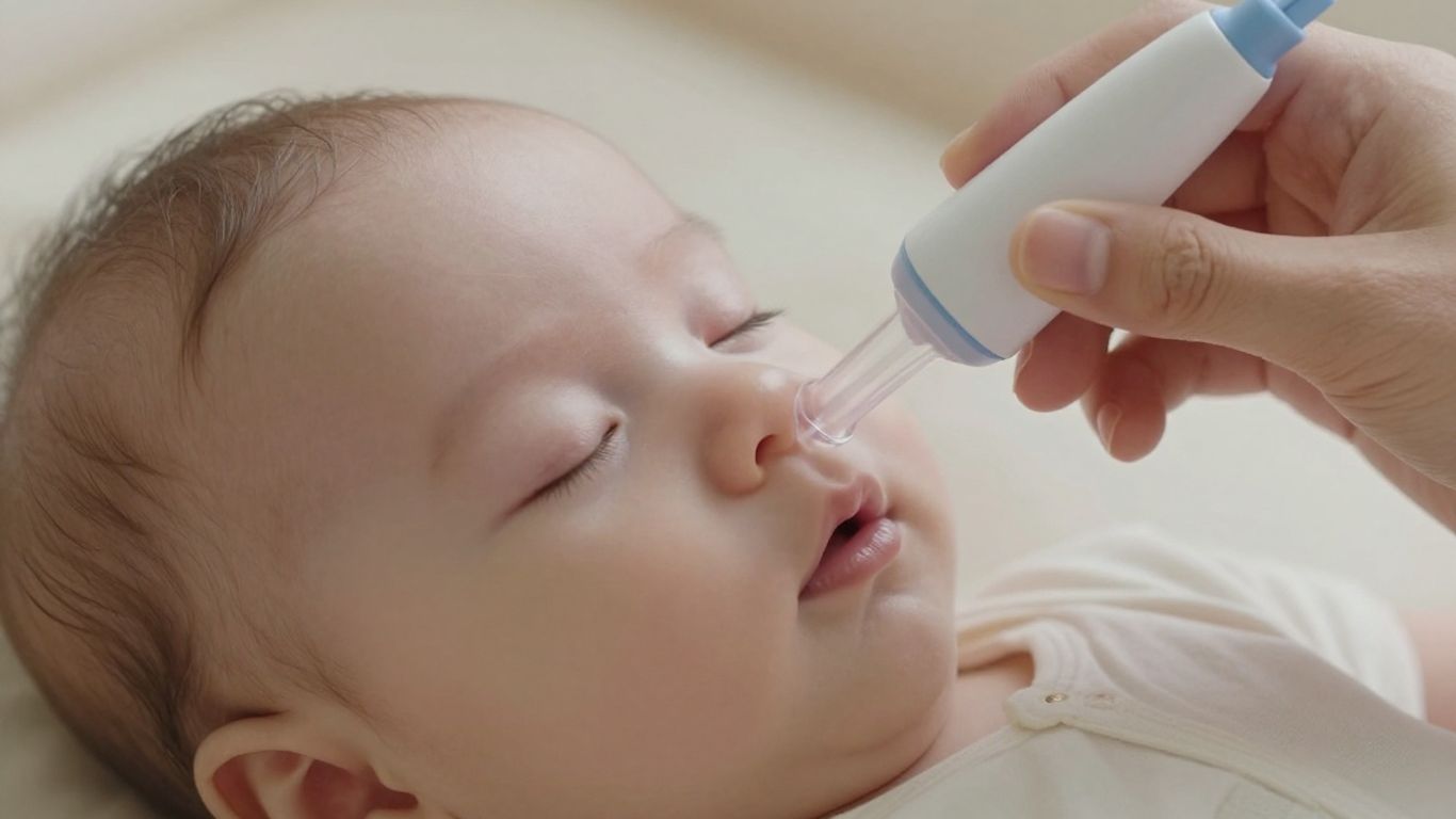 Padre usando aspirador nasal en bebé dormido.