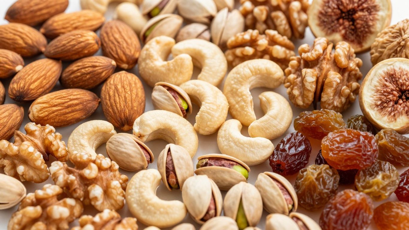 Frutos oleaginosos variados e frutas secas em close-up.