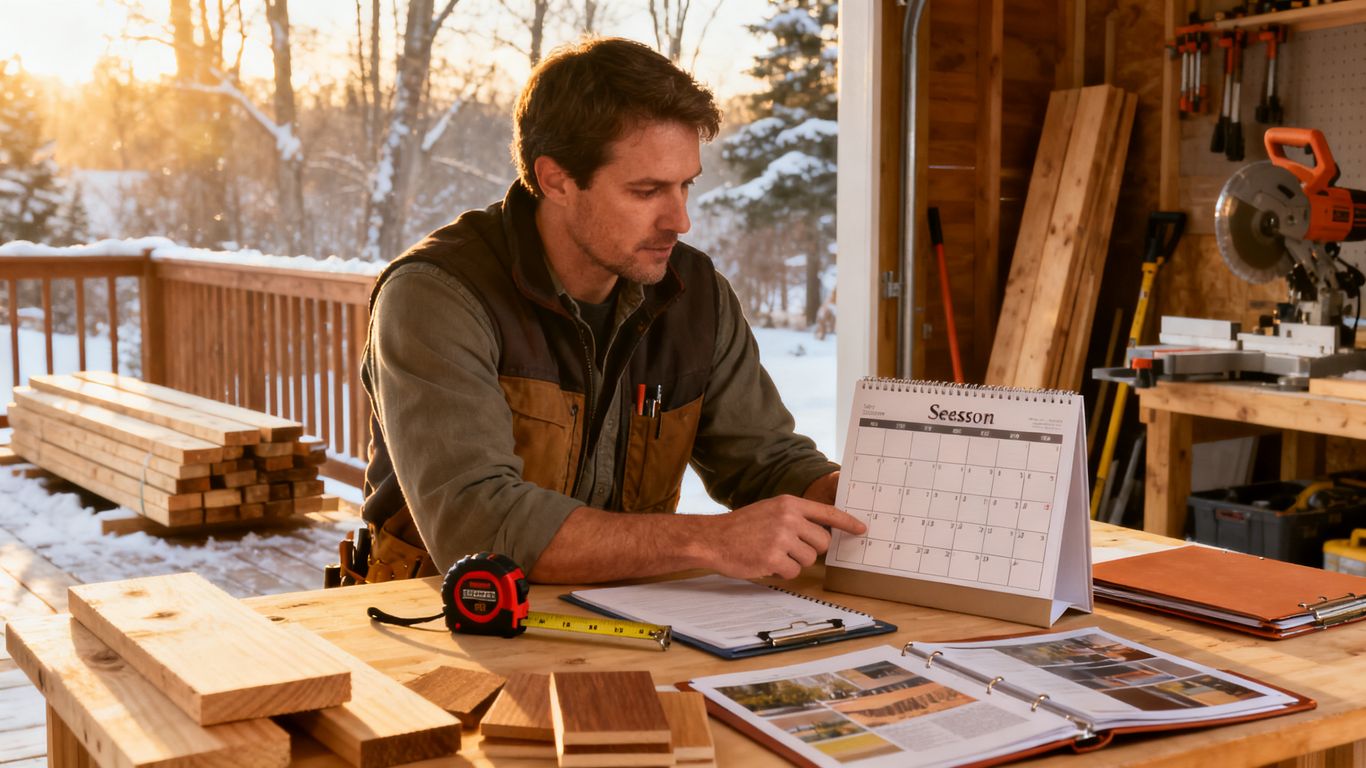 Deck builder reviewing spring project calendar