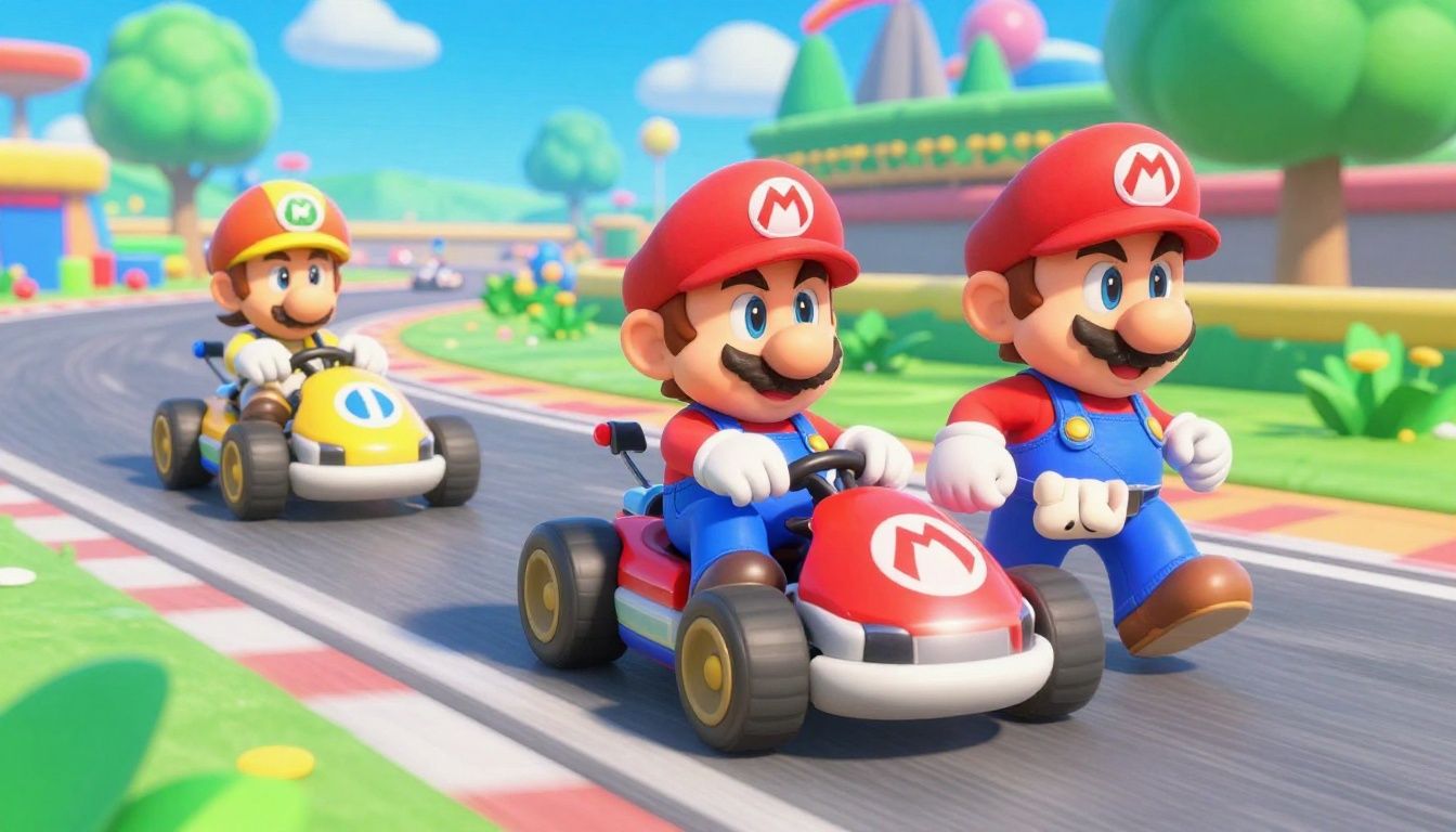 Corrida colorida de Mario Kart 8 com karts em alta velocidade, personagens da Nintendo disputando uma curva e itens espalhados pela pista
