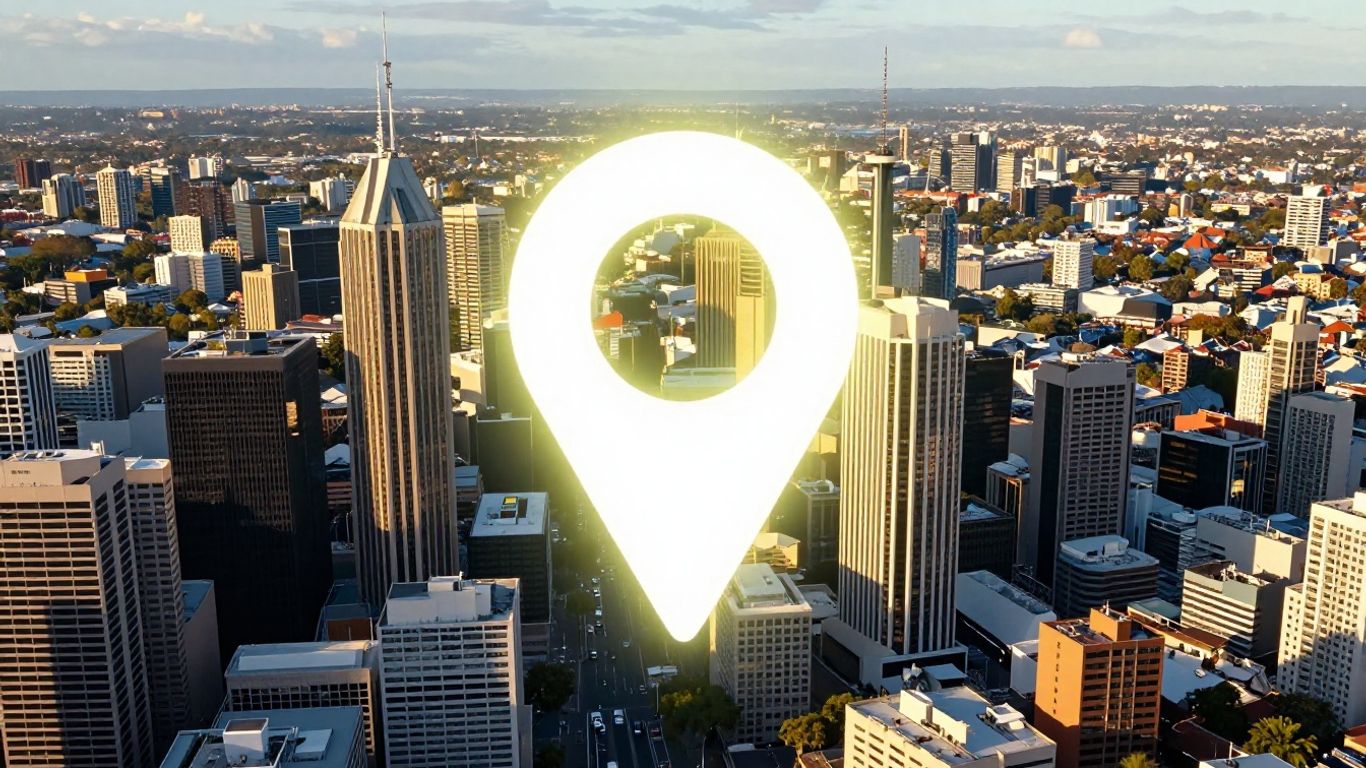 Google Maps pin over Australian city skyline.