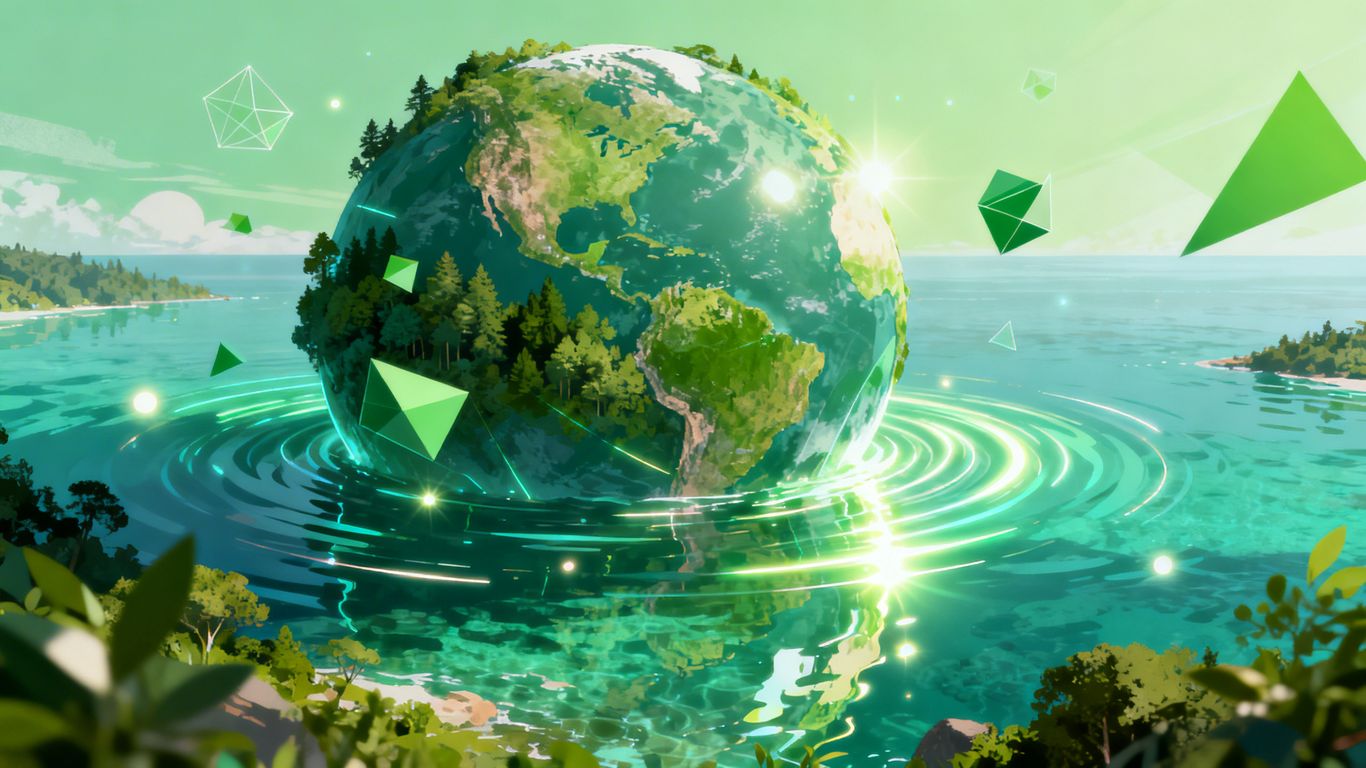 Green planet Earth with AI patterns and nature.