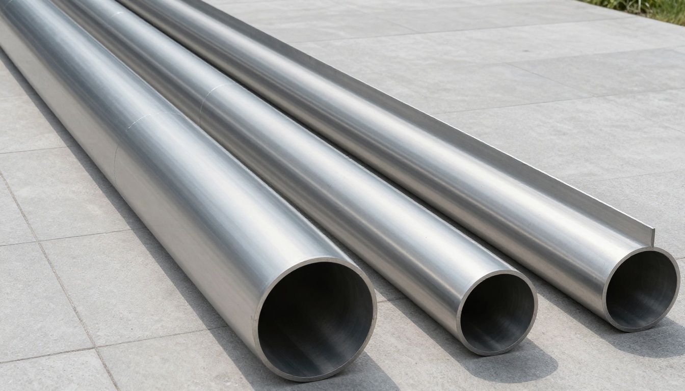 Sleek aluminium and robust polymer concrete drainage channels side-by-side in a modern architectural setting