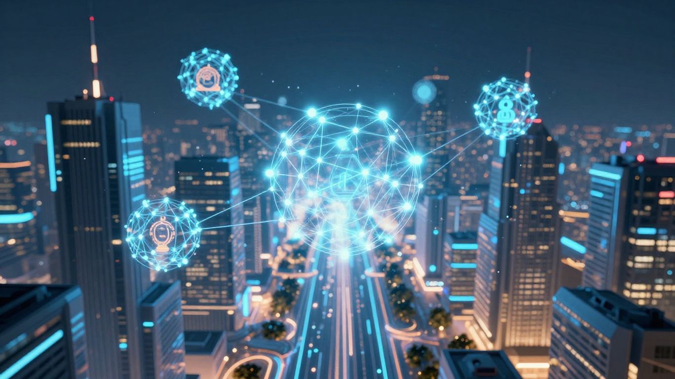 Futuristic blockchain cityscape with glowing digital pathways.