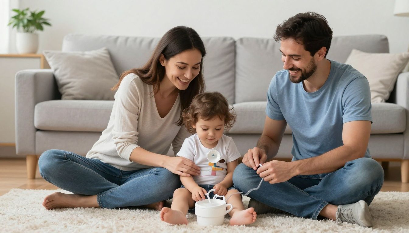 A mother and father sit on a living room floor, smiling and playing with their young child who has a visible medical device, creating a moment of joyful normalcy at home.