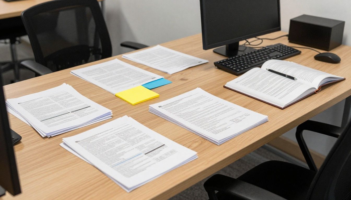 Uma mesa de escritório organizada com pastas coloridas, papéis em ordem e um computador moderno, transmitindo uma sensação de clareza e produtividade
