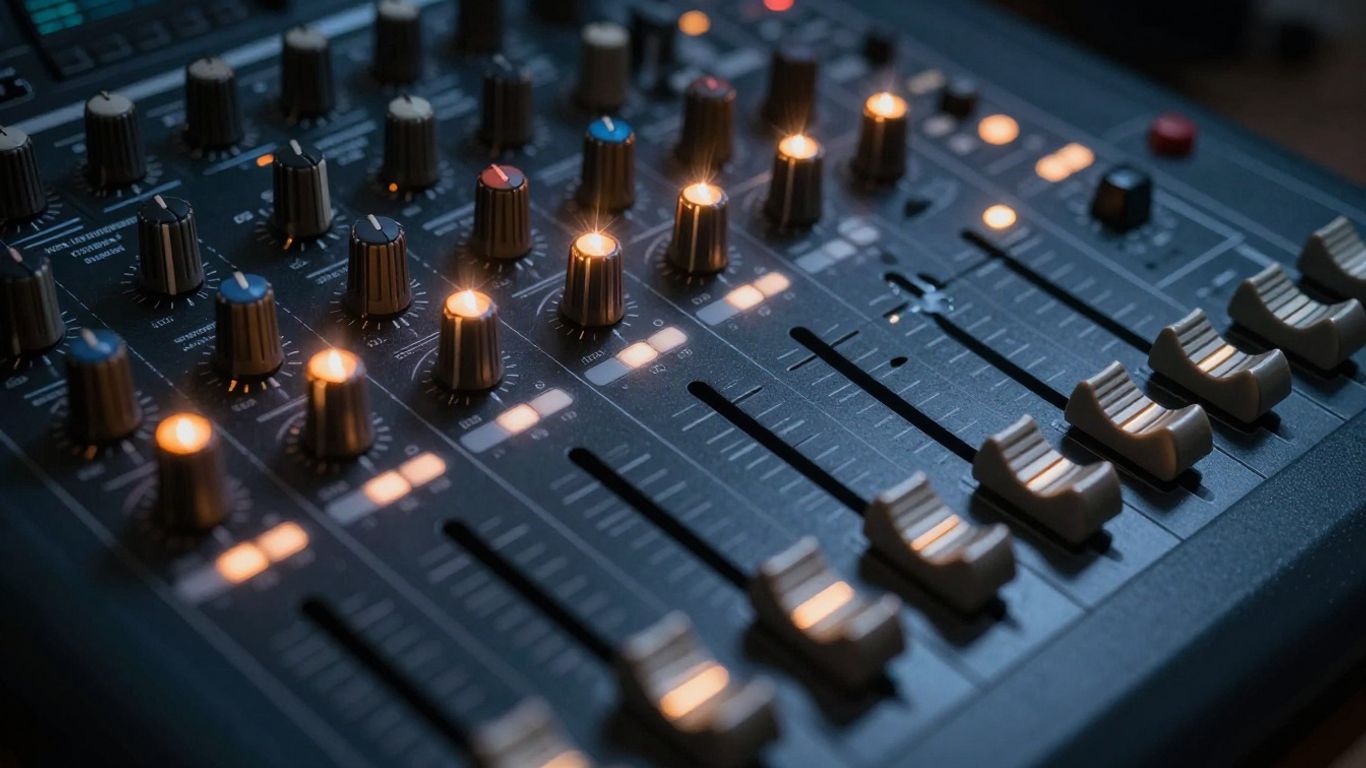 Equalizer knobs and faders on a mixing console.