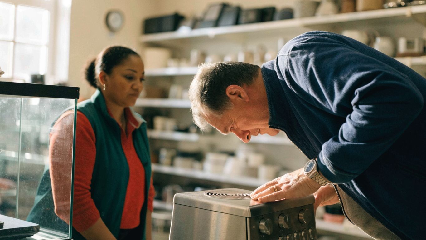 A buyer inspecting a used appliance at a shop