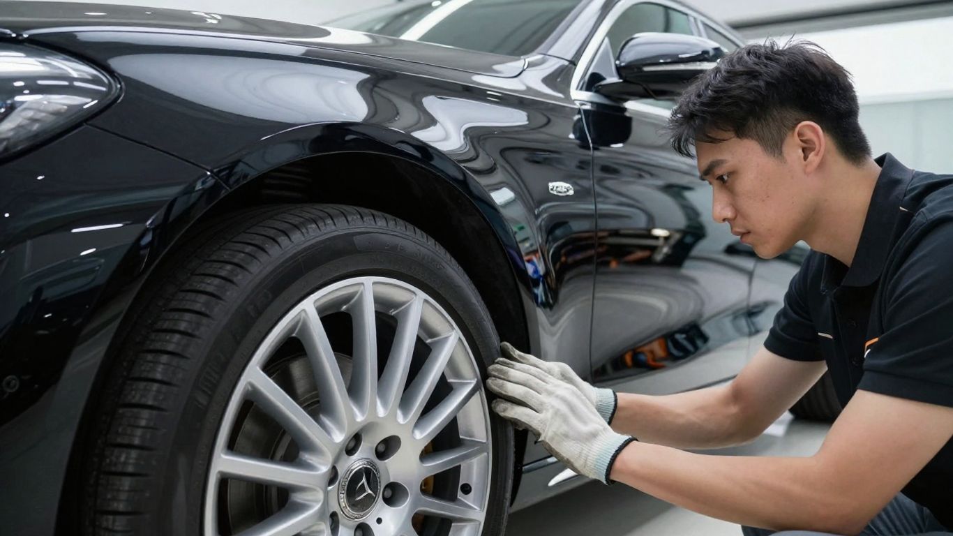 Luxury car undergoing expert repair in a modern garage.