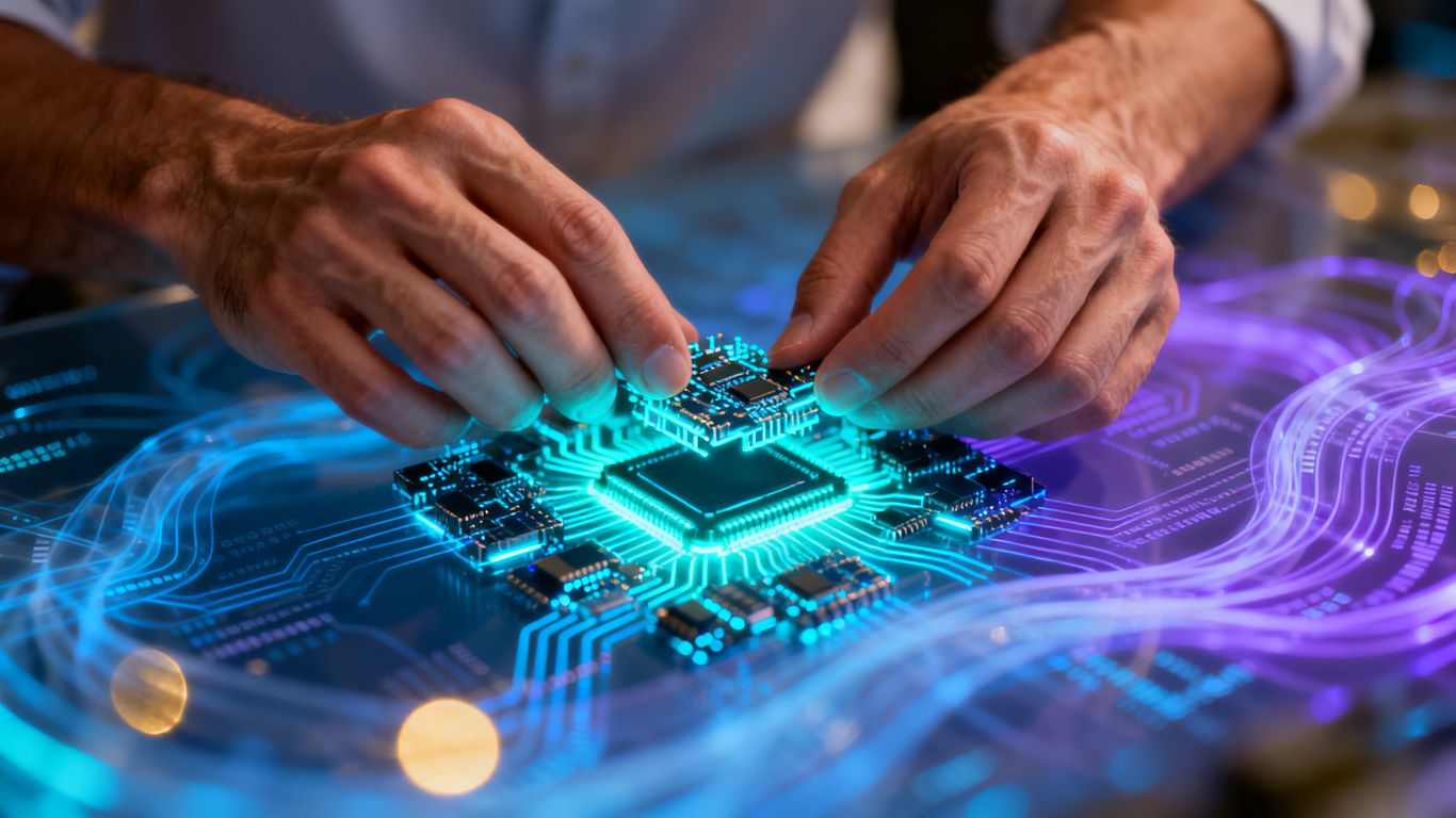 Hands arranging glowing digital components, abstract data background.