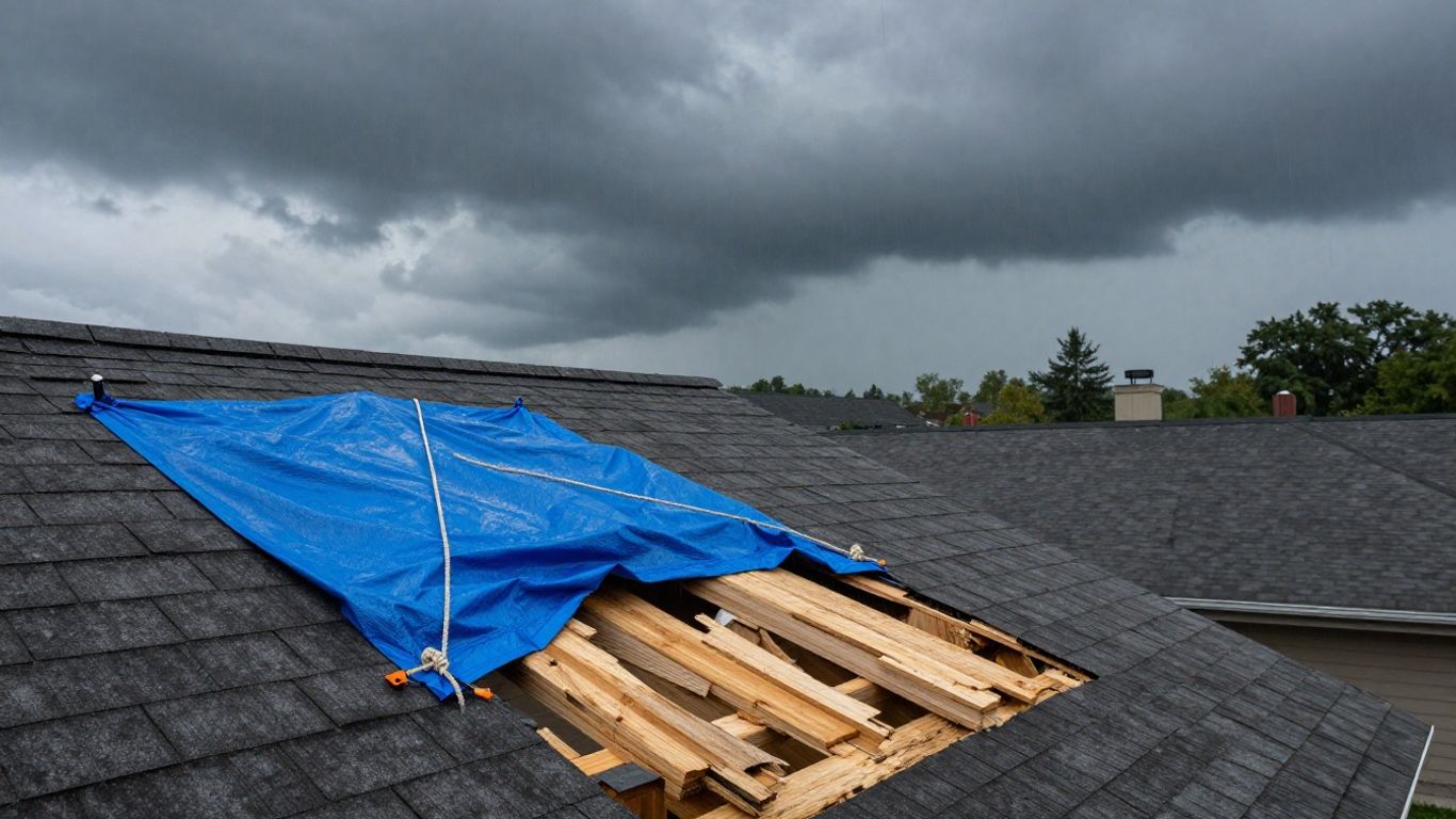 Tarp covering damaged roof during a North Texas storm.