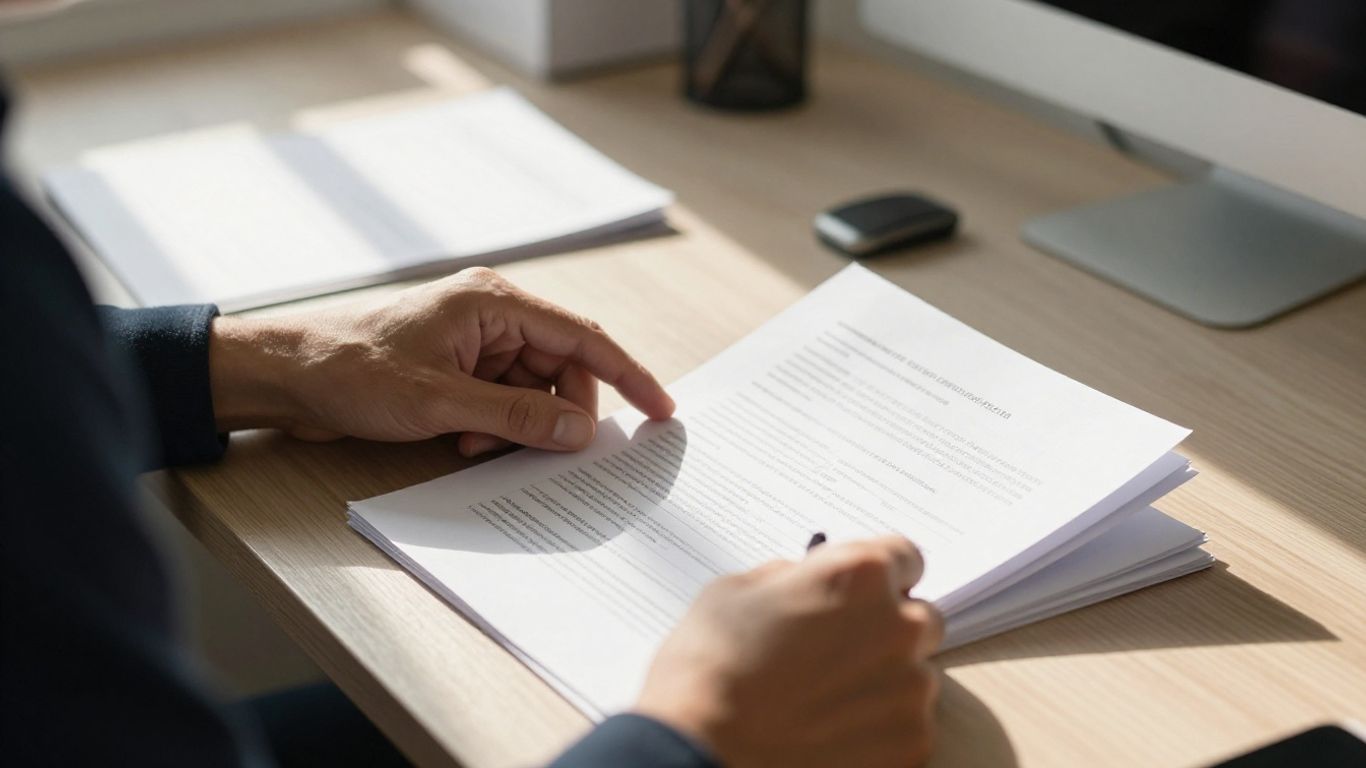 Persona revisando documentos financieros en un escritorio.