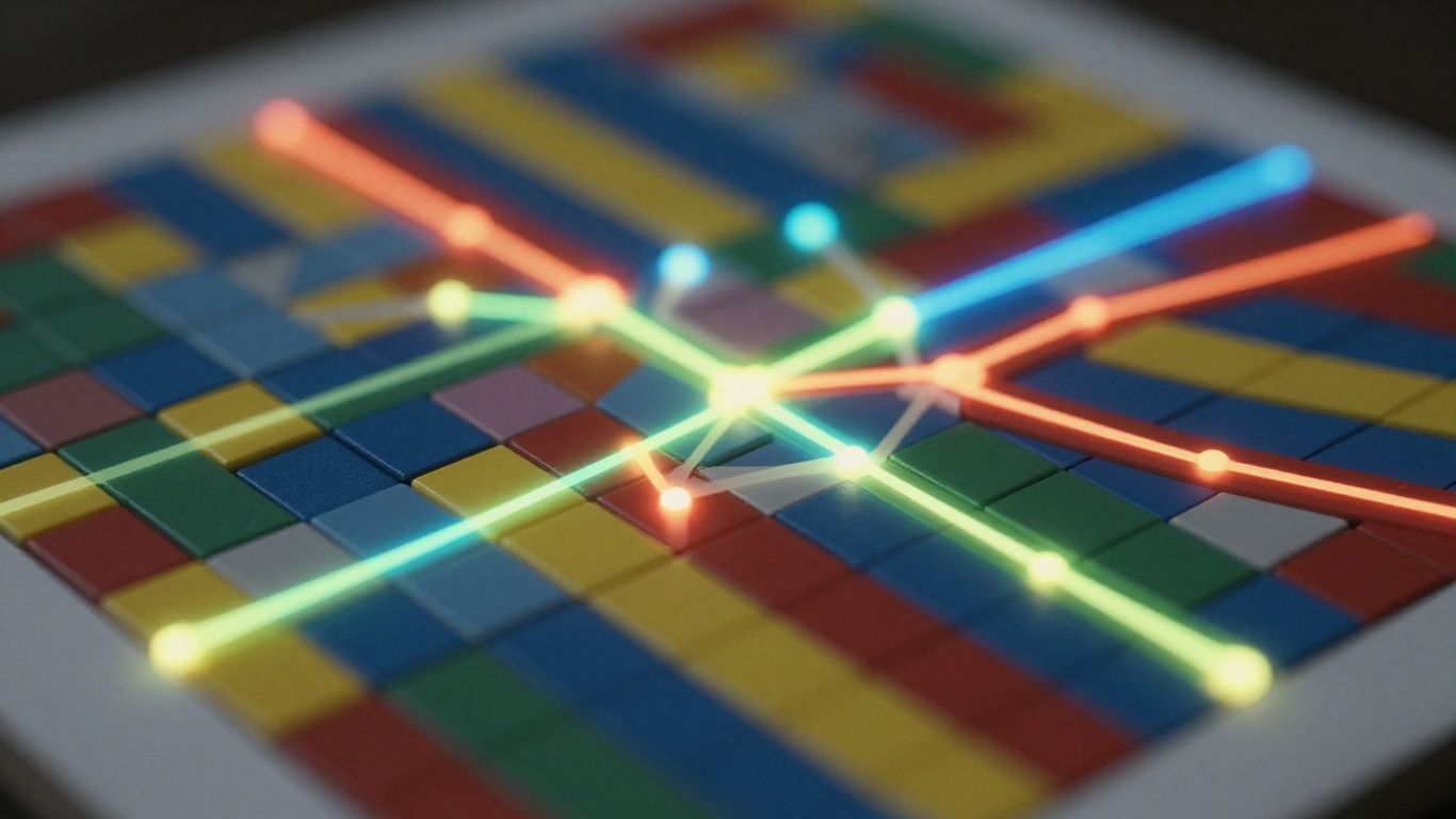 Grid of connected tiles, puzzle game.