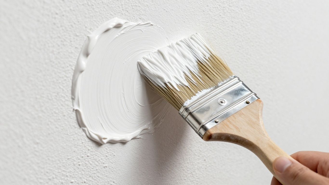 Painter applying white acrylic latex paint to exterior wall.