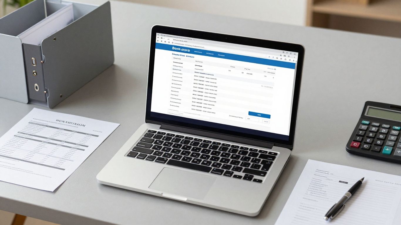 Desk with downloaded bank statement and laptop