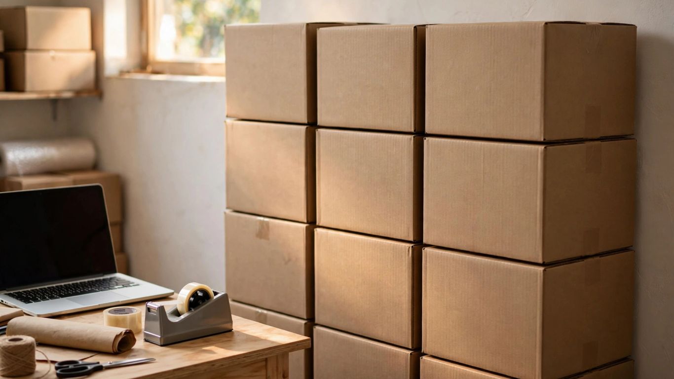Inventory cartons beside a seller's laptop