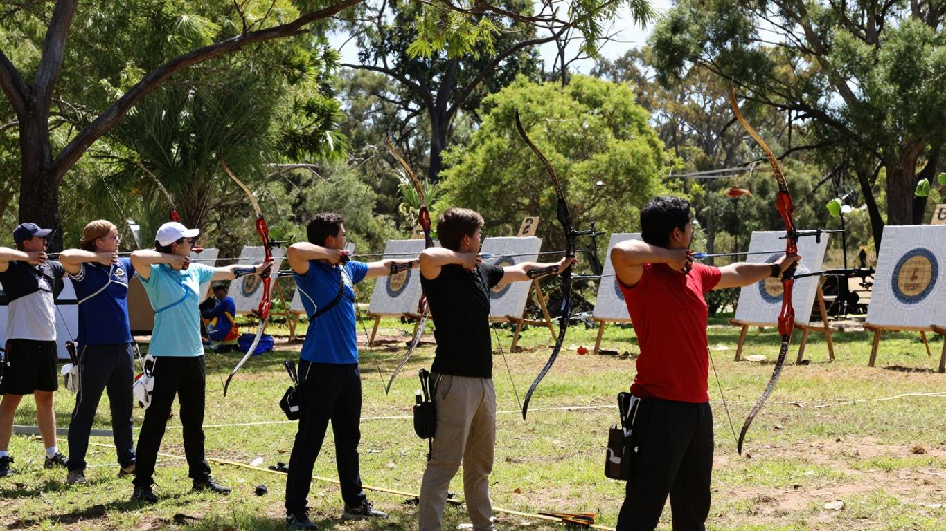 Archers aiming at targets in a natural Australian setting.