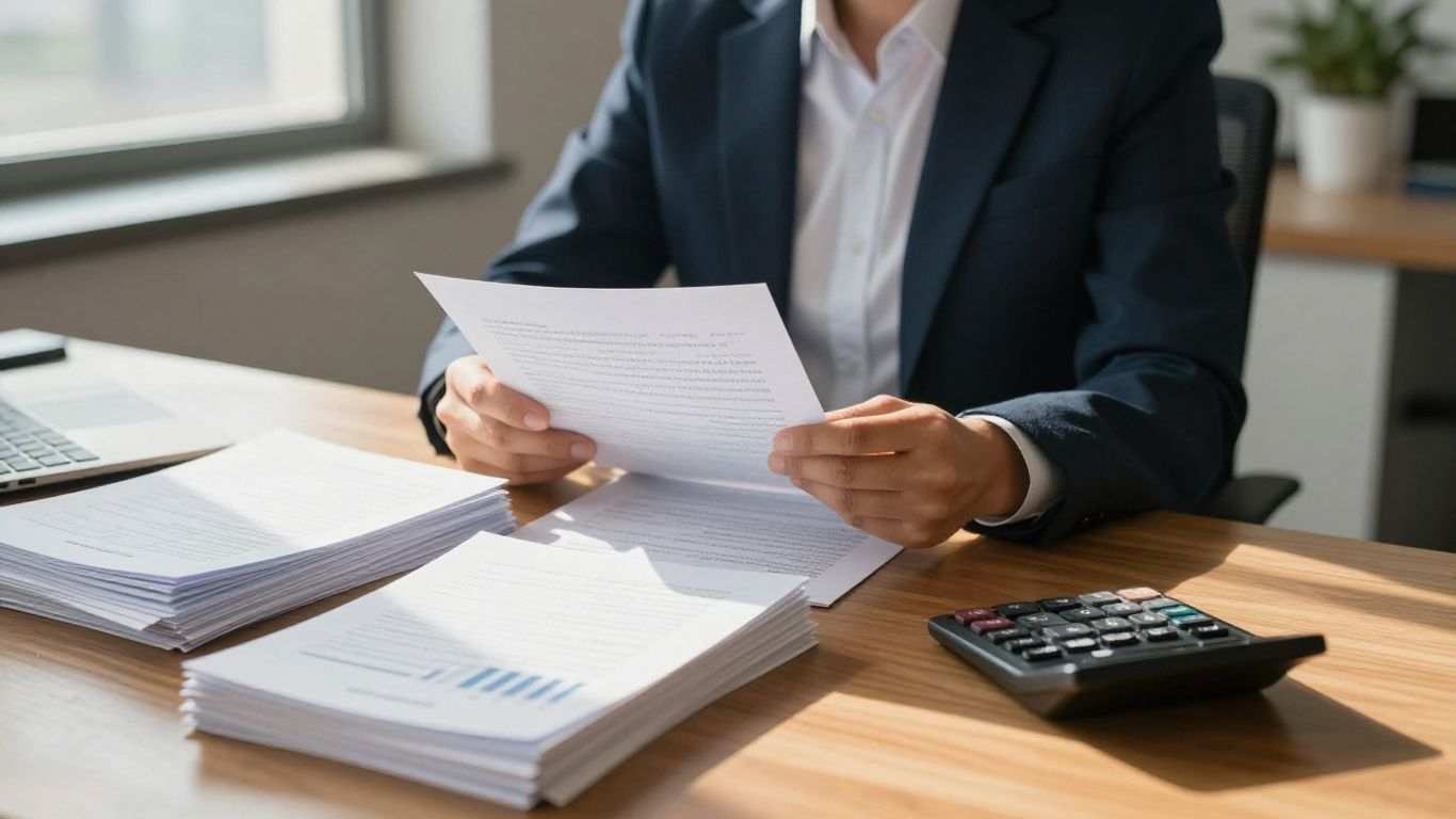 Business accounting success with financial documents and calculator.