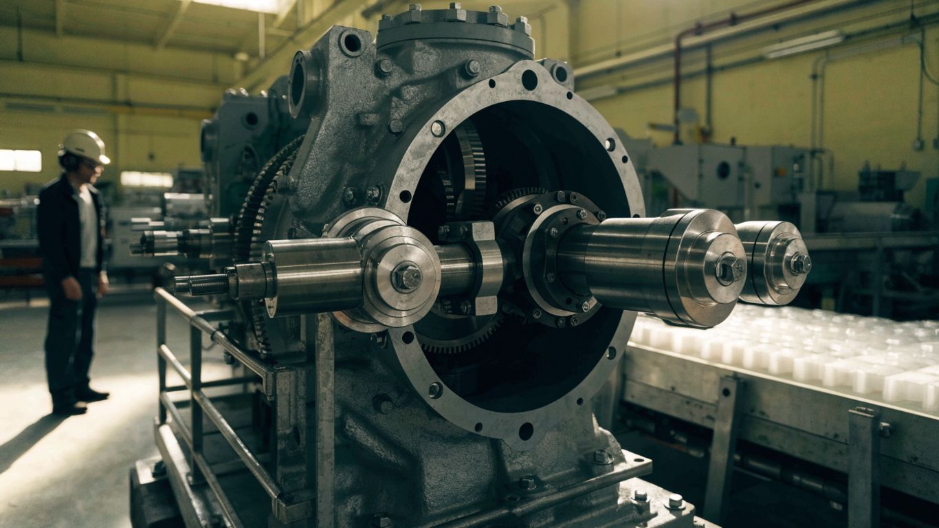 Industrial gearbox operating beside a production line