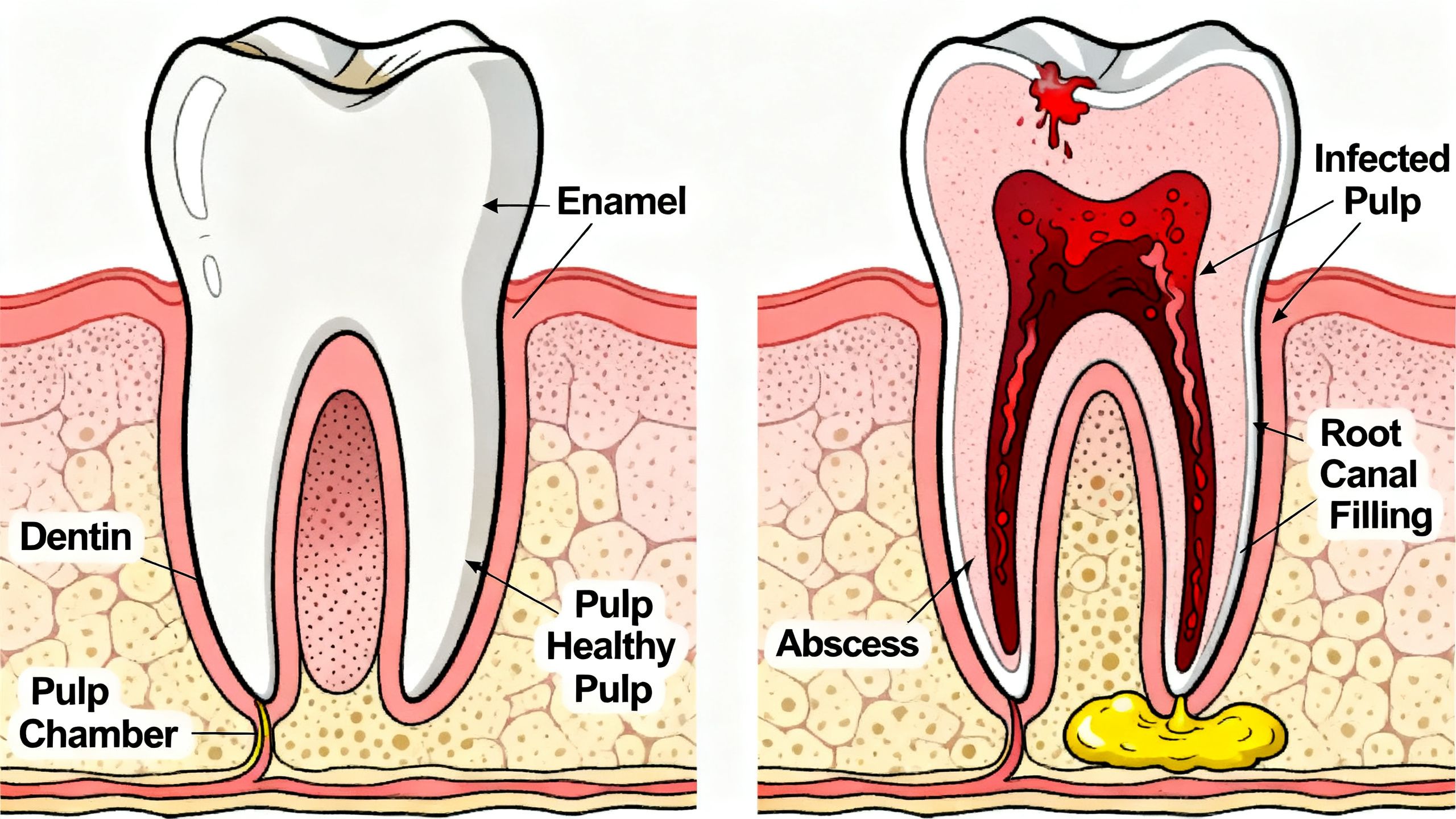 A diagram illustrating the cross-section of a tooth, showing the healthy pulp versus an infected pulp requiring a root canal.