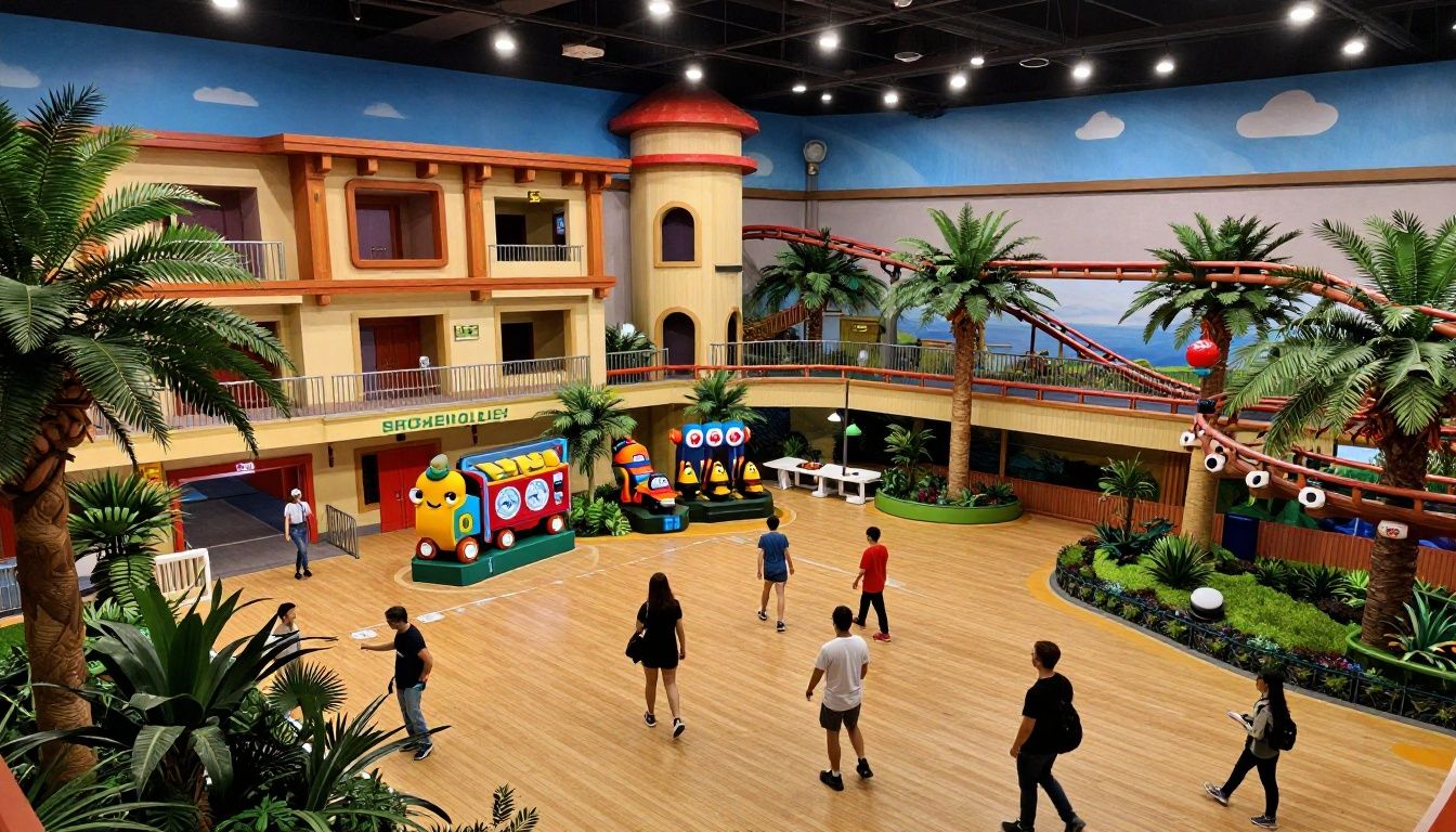Parque temático virtual com montanhas-russas, brinquedos radicais e visitantes em um jogo de gerenciamento