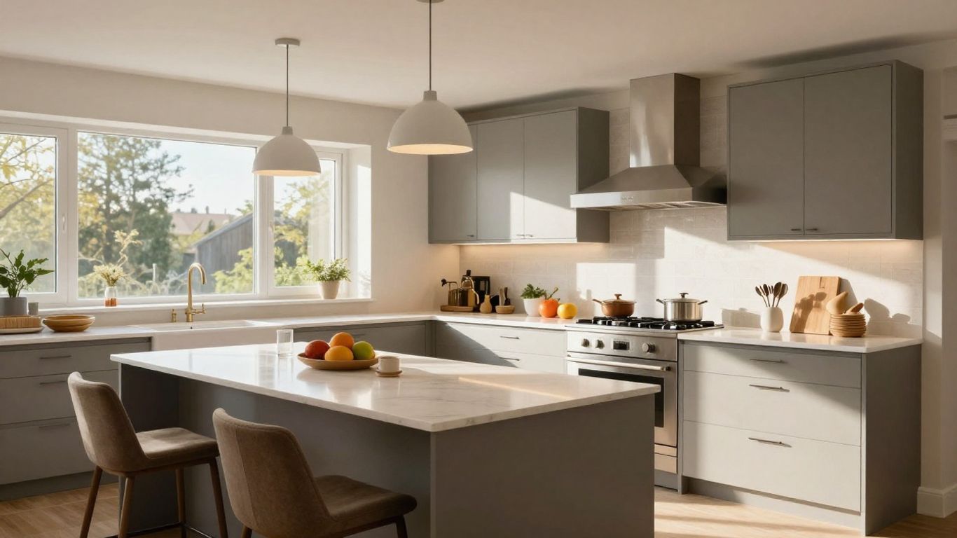 Modern renovated kitchen with island and natural light.