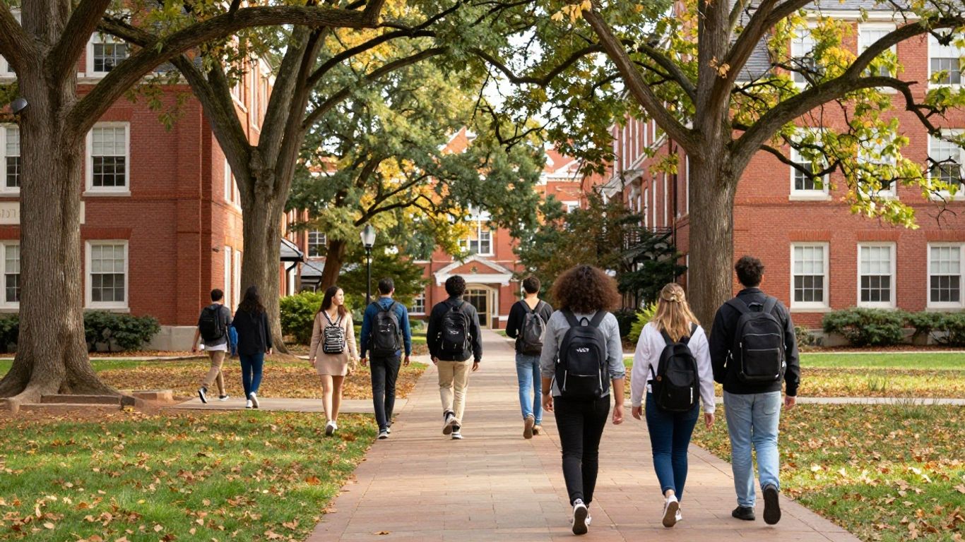 Students walking through a leafy university campus