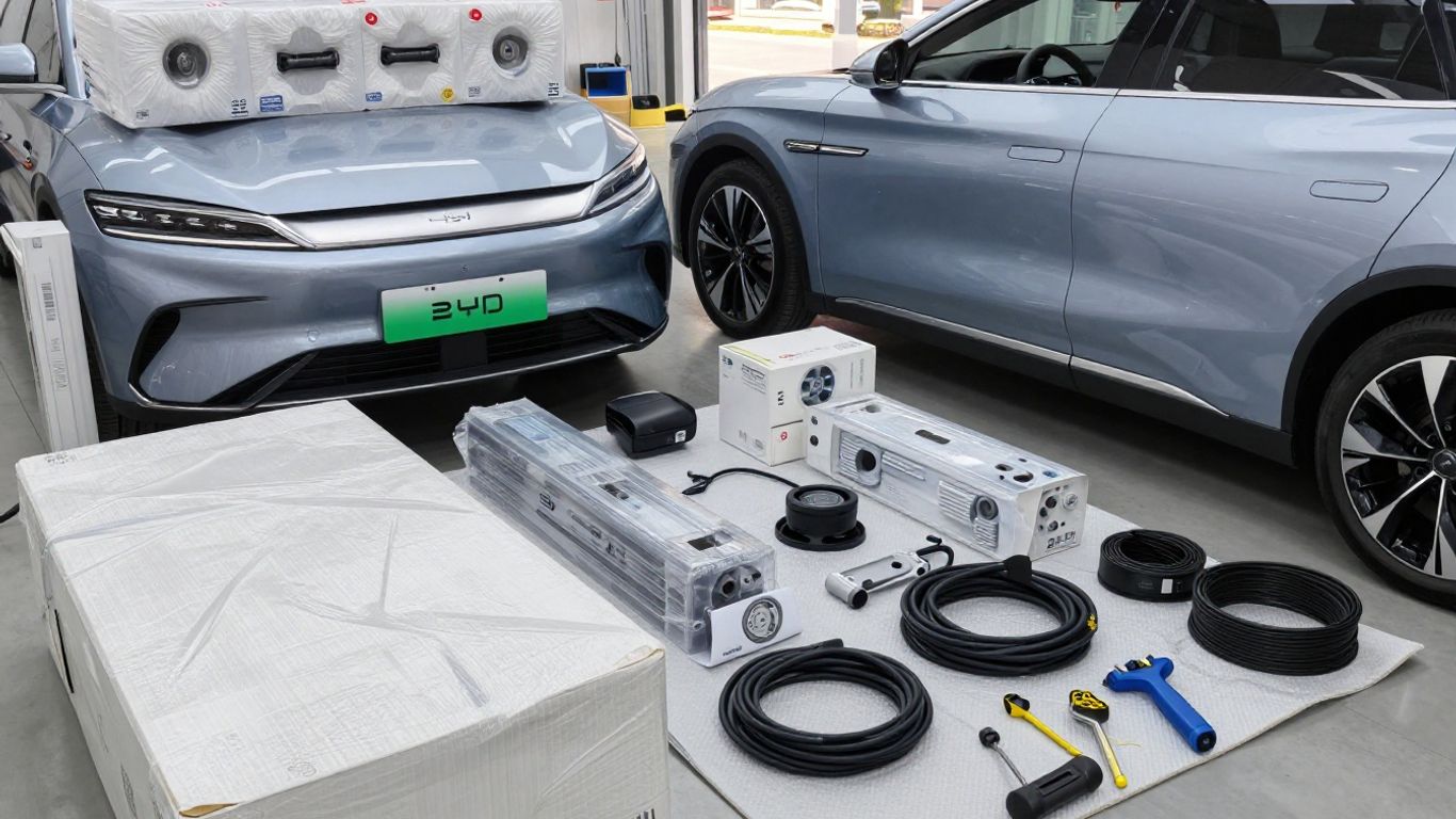 Australian EV parts shipment beside BYD vehicle