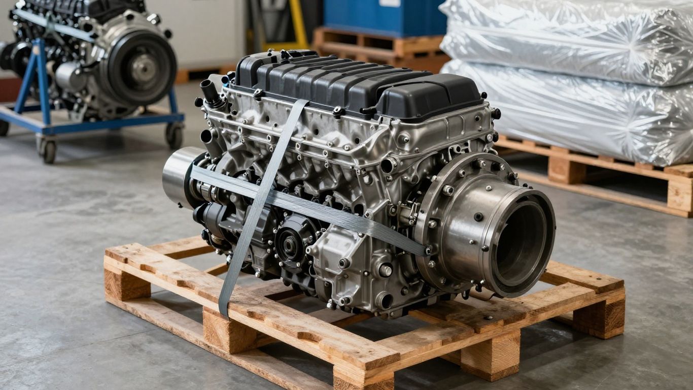 Used engine assembly secured on a shipping pallet