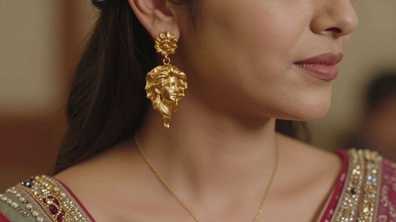 Festive gold earrings and necklaces closeup