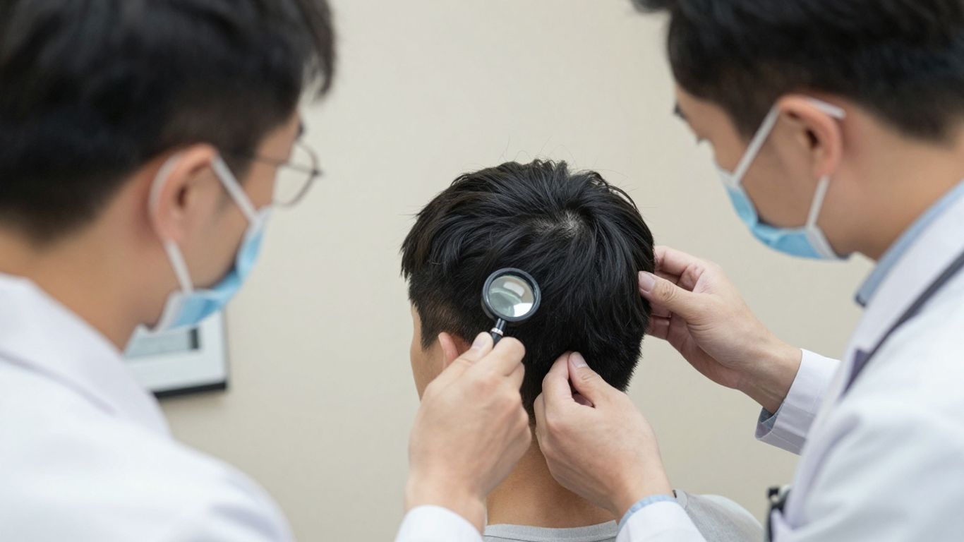 Médico examina couro cabeludo e fios
