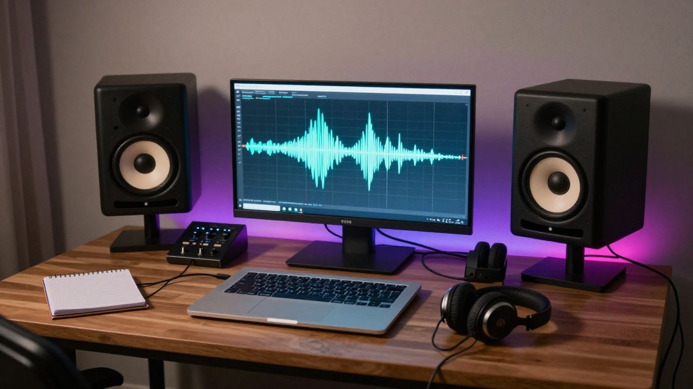 Home recording setup with laptop, mixer, and colorful audio lights