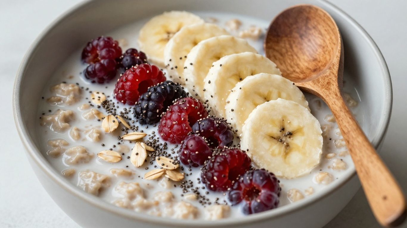 Healthy oat breakfast bowl with berries and banana.