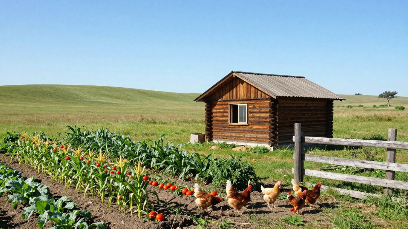 Off-grid cabin with garden and chickens in South Dakota.