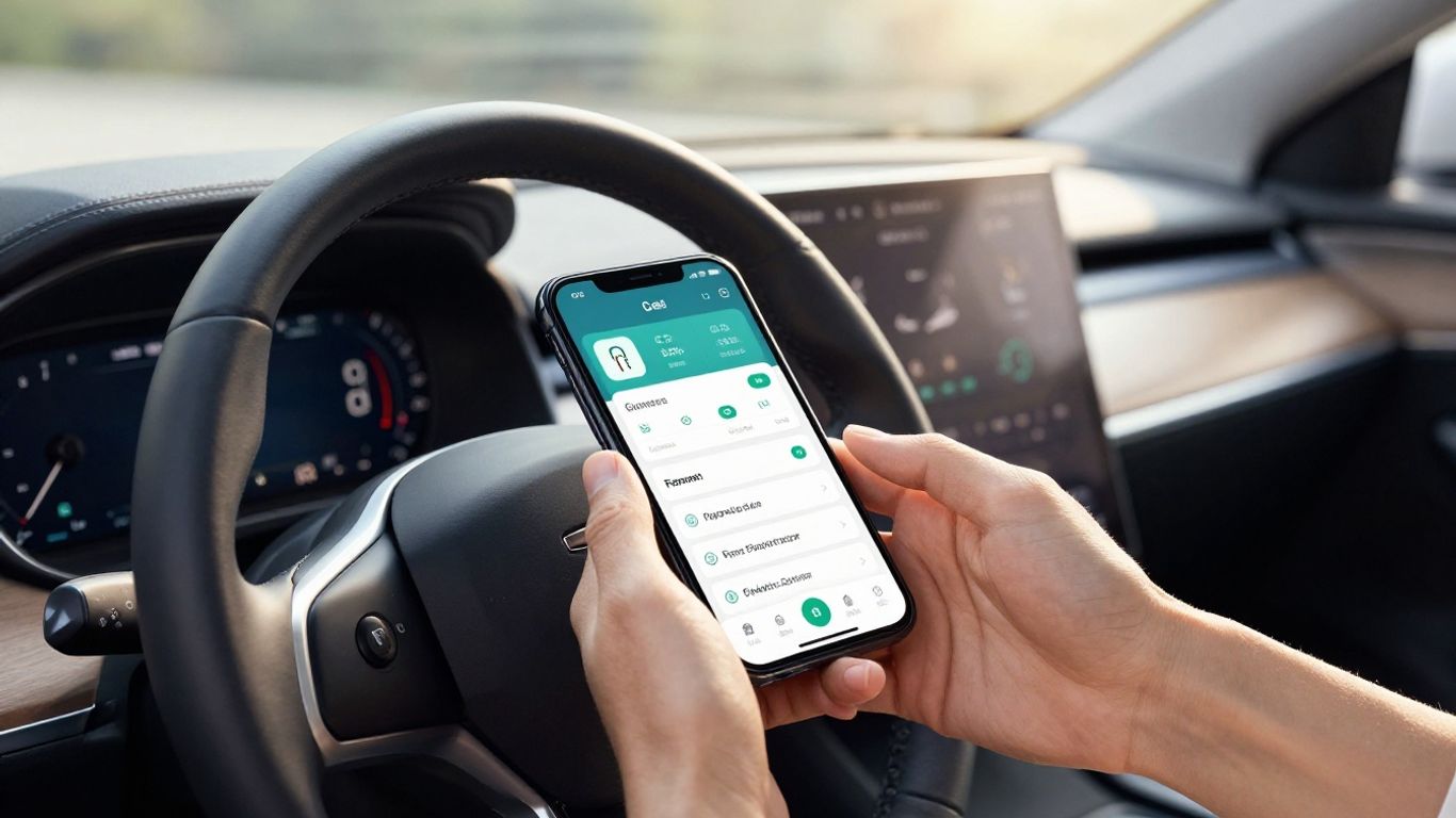 Car interior with finance calculator on phone screen.