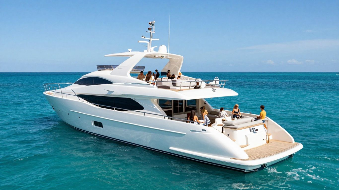 Luxury yacht sailing on clear blue ocean waters.