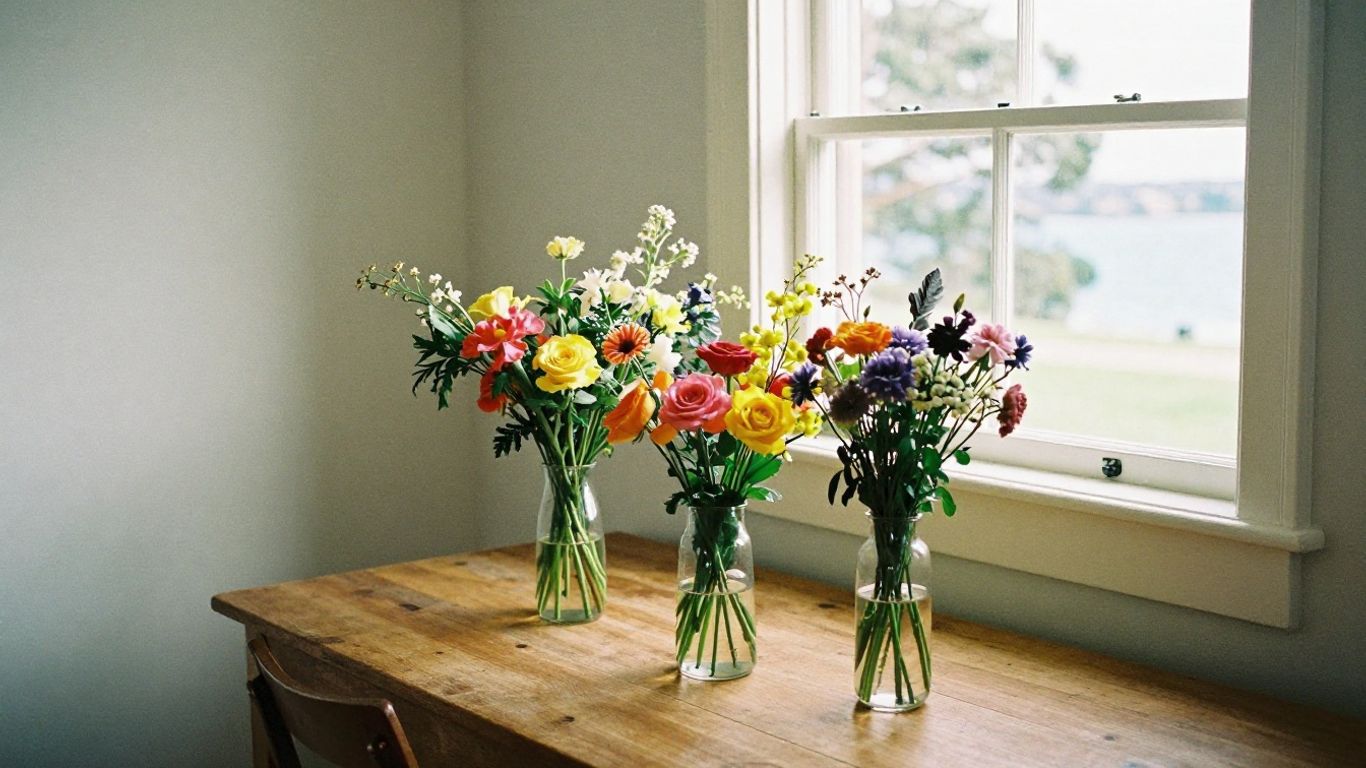 Colourful flowers on a table near an Altona window