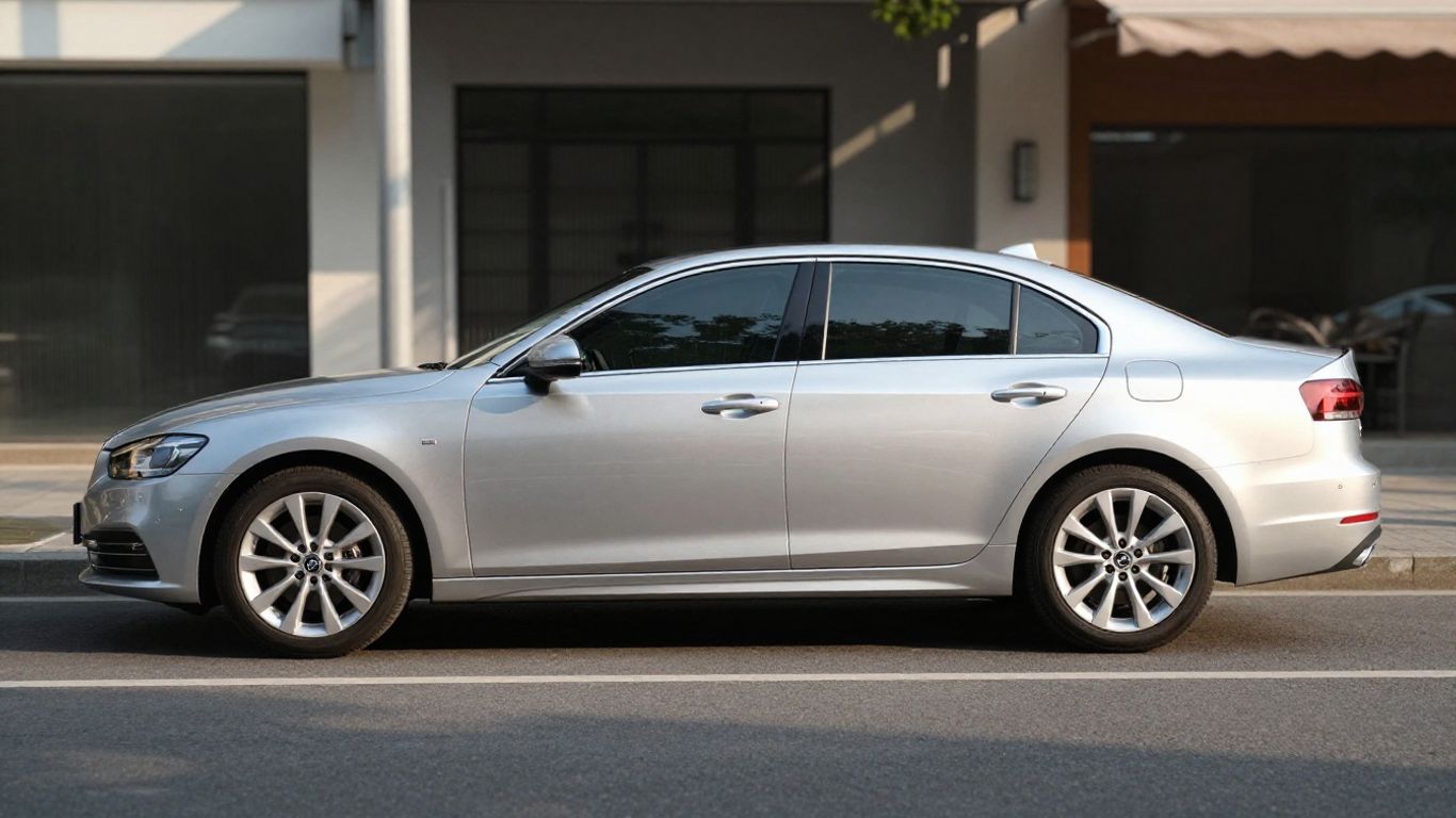 The profile of a silver sedan