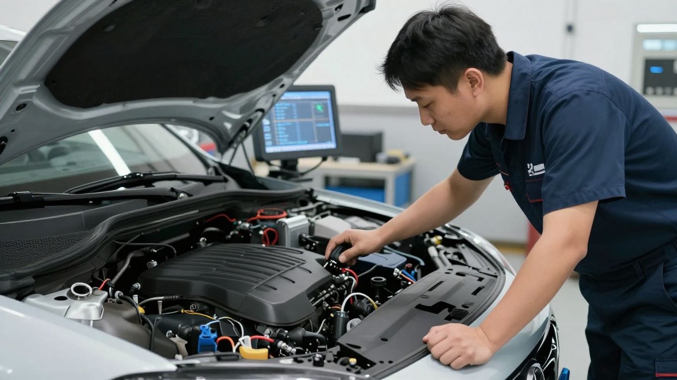 Professional mechanic inspecting a vehicle engine