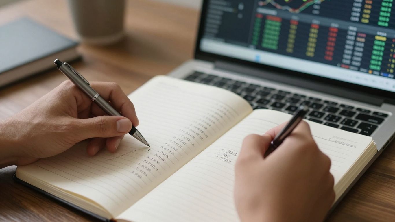 Hands planning a forex trading strategy on paper.