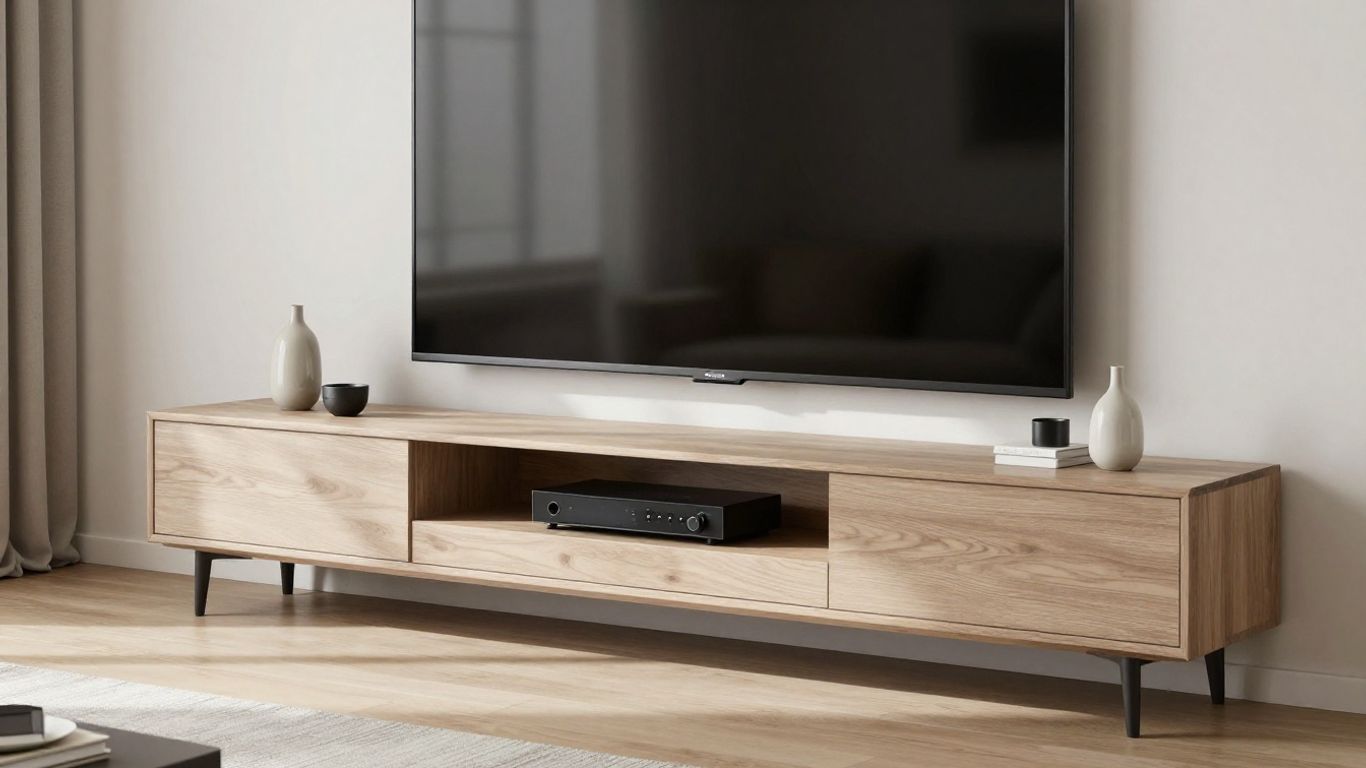 Modern living room with low profile TV stand and mounted television.