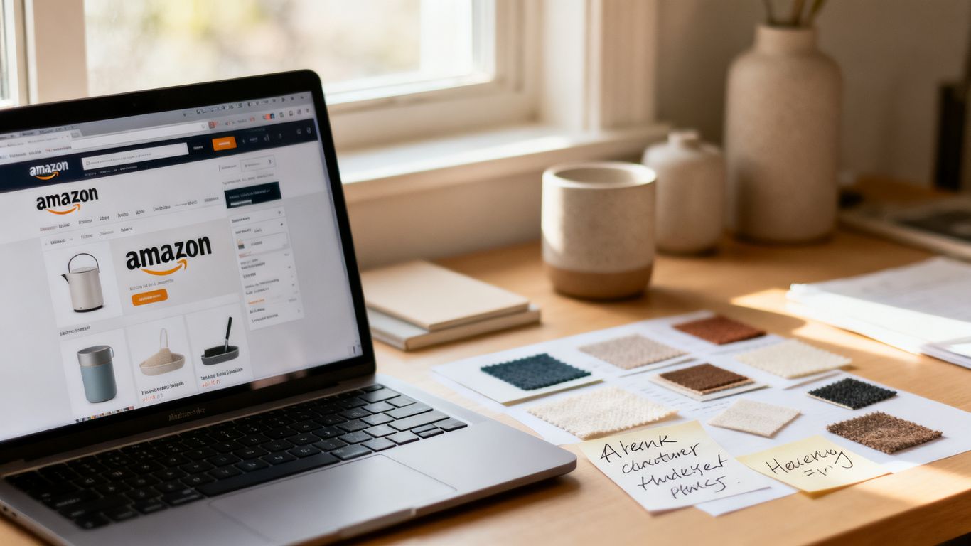 Seller researching Amazon keywords beside product samples