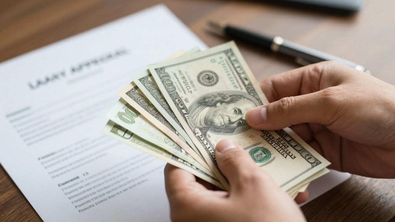 Hands holding money and loan documents.