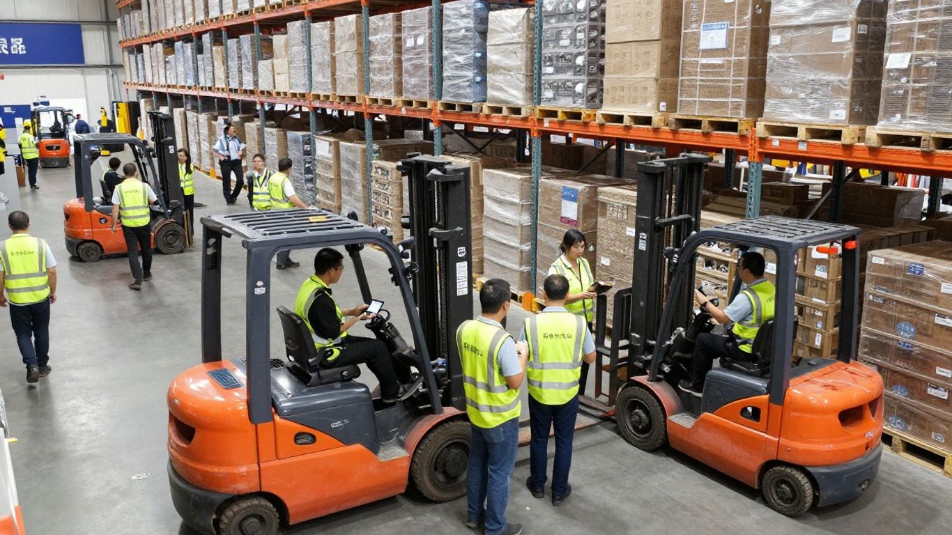 Distribution center operations with teams and forklifts.