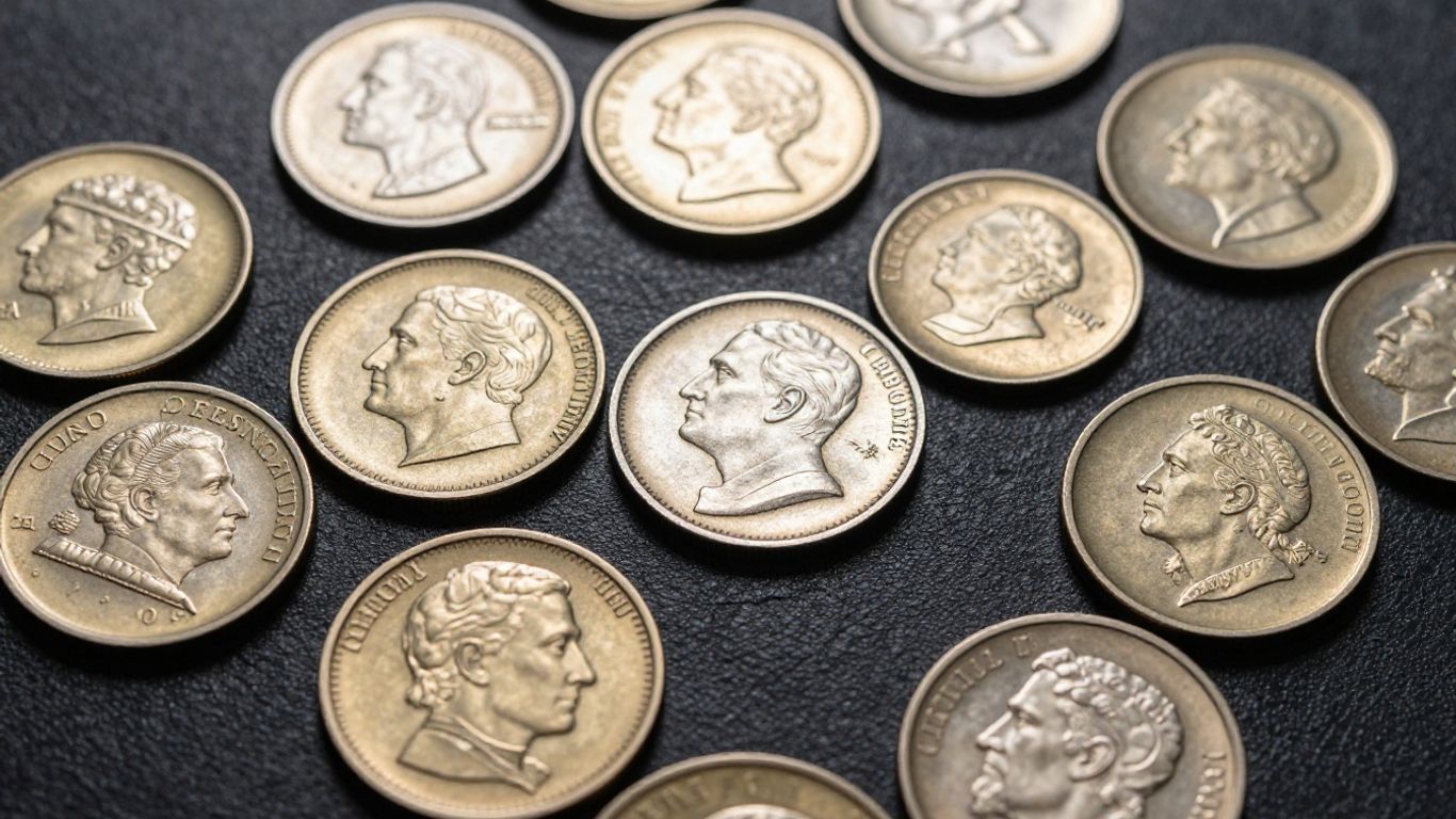 Close-up of rare coins with intricate designs.