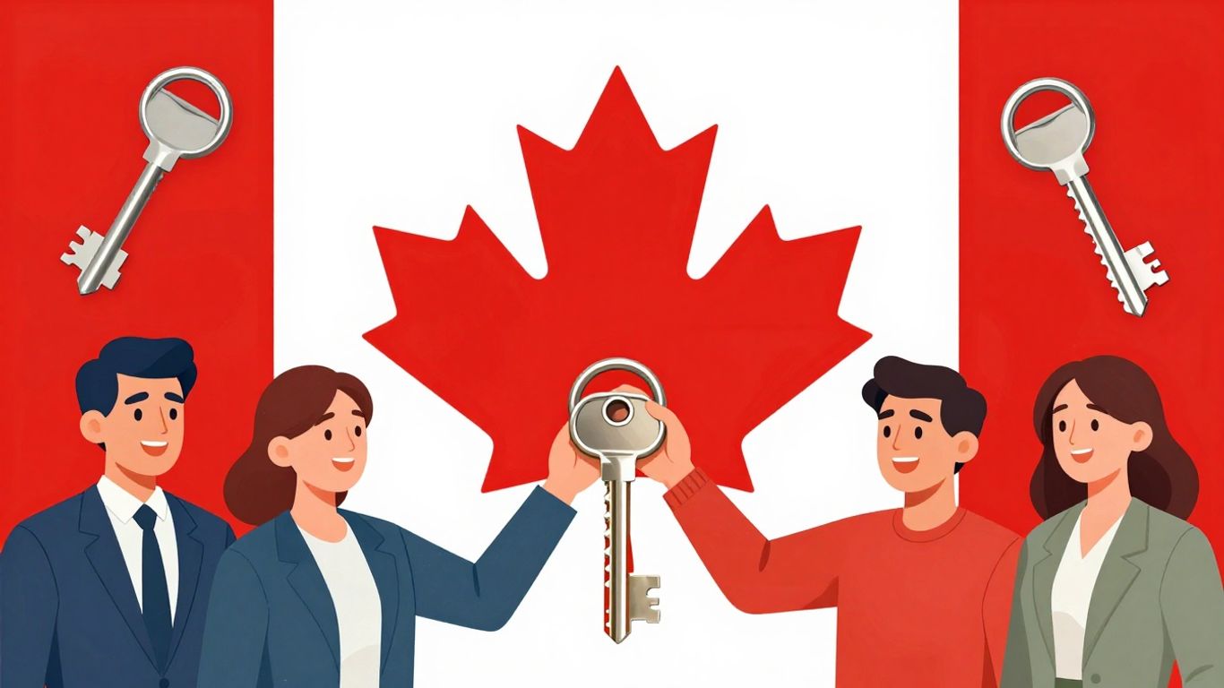 Canadian flag with people holding keys and a handshake.