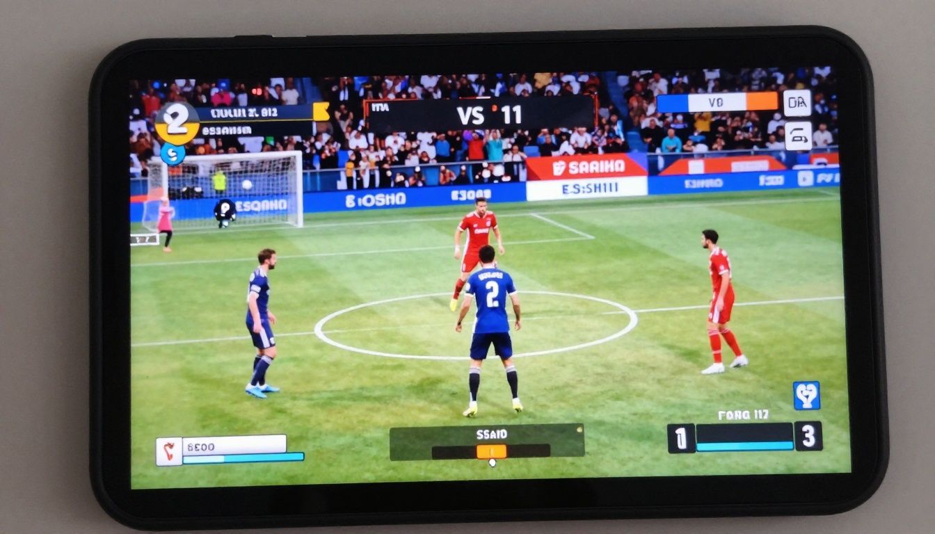 Um close-up de um smartphone exibindo uma partida intensa de futebol digital, focando nos jogadores virtuais